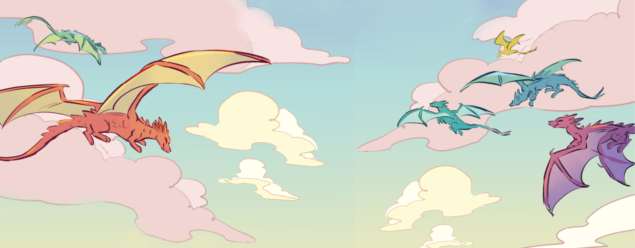 Cartoon dragons flying in the sky